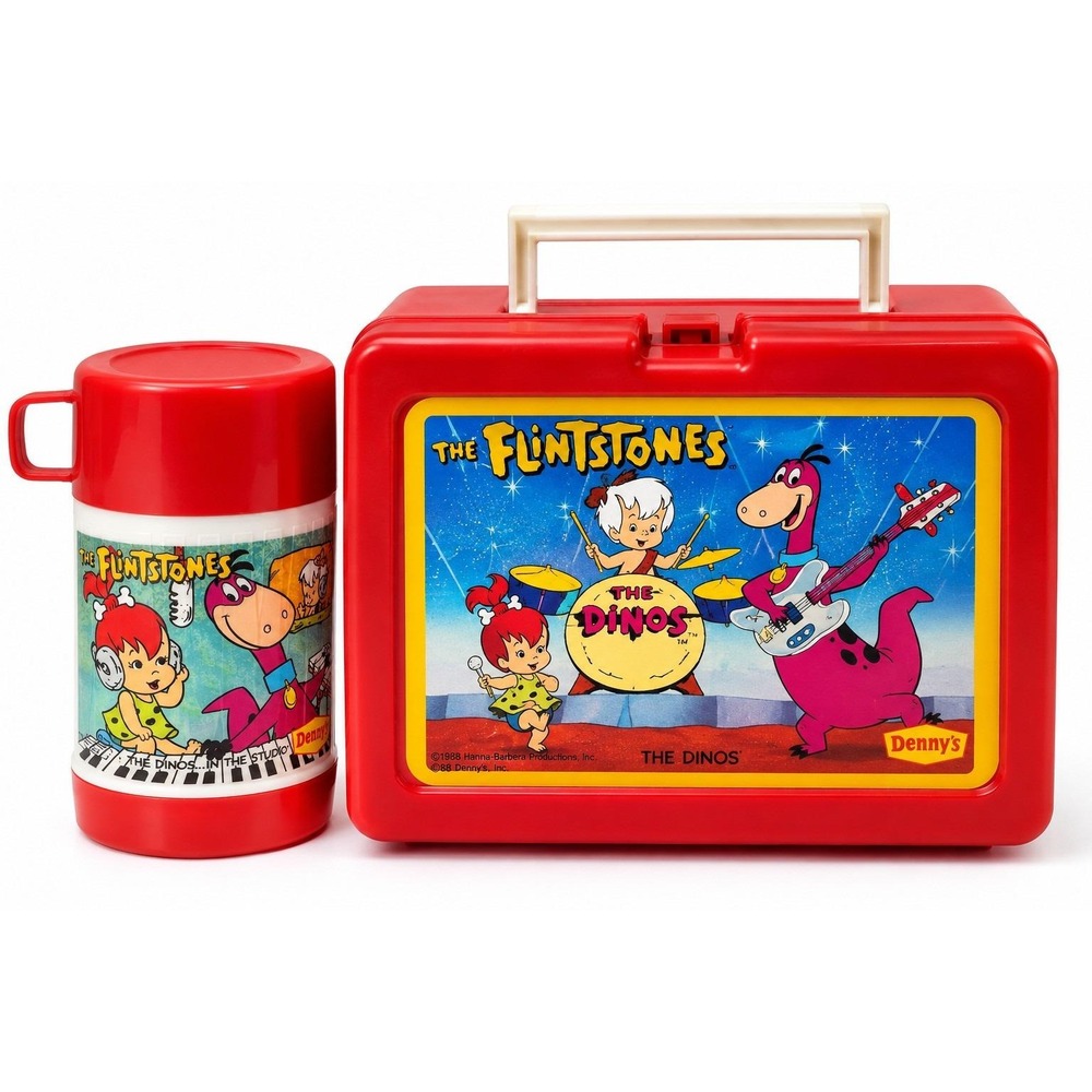 Vintage 1989 Flintstones The Dinos Denny's Lunch Box Thermos Complete Red Set